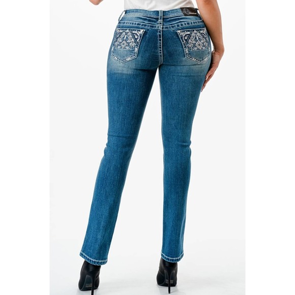 Grace in LA Women's Western Aztec Embroidered Pockets Stretch Bootcut Jeans - Picture 3 of 3